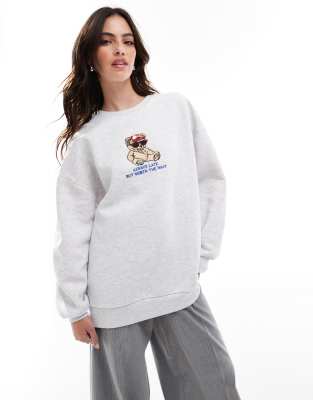 Stradivarius - Oversize-Sweatshirt in Grau mit Teddy-Motiv