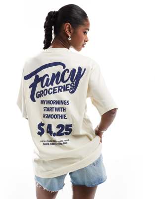 Stradivarius - Oversize-T-Shirt in Blassgelb mit „Groceries"-Print