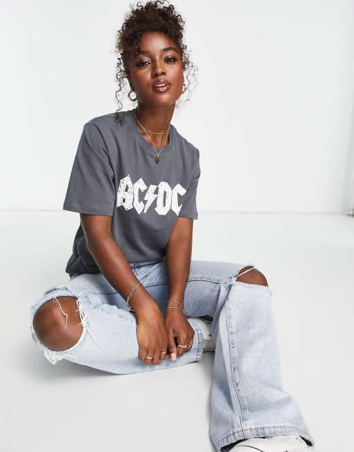 Stradivarius oversized ACDC tee in acid wash grey | ASOS