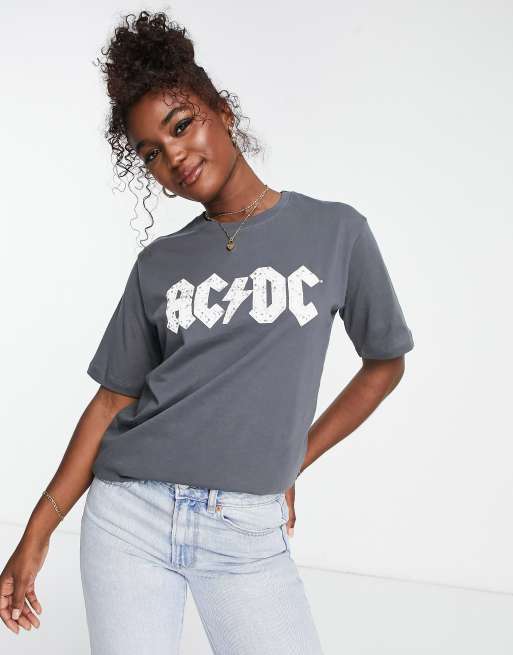 Stradivarius oversized ACDC tee in acid wash grey | ASOS