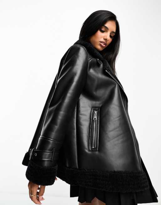 Black faux leather oversized aviator clearance jacket