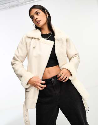 Stradivarius oversized aviator jacket with borg lining in ecru-White