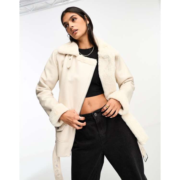 Stradivarius Oversized Faux Leather Jacket In Ecru-white