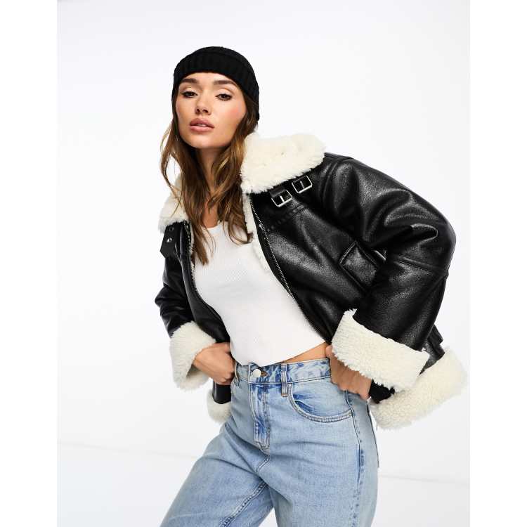 Stradivarius oversized aviator jacket with contrast collar in black