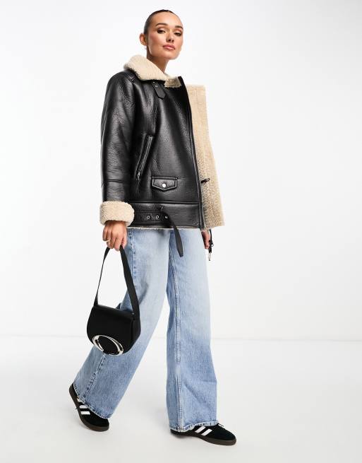 Stradivarius oversized aviator jacket with contrast lining in black