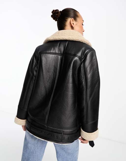 Stradivarius oversized aviator jacket with contrast lining in black