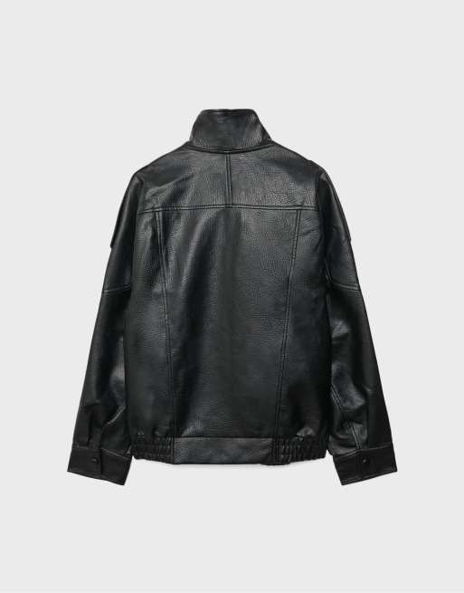Stradivarius - Oversized bikerjack van imitatieleer in zwart, 7 van 7