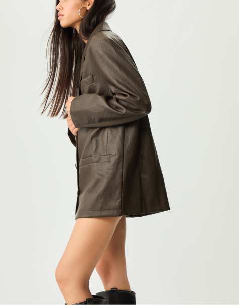 Stradivarius - Oversized blazer van imitatieleer in bruin - view 1