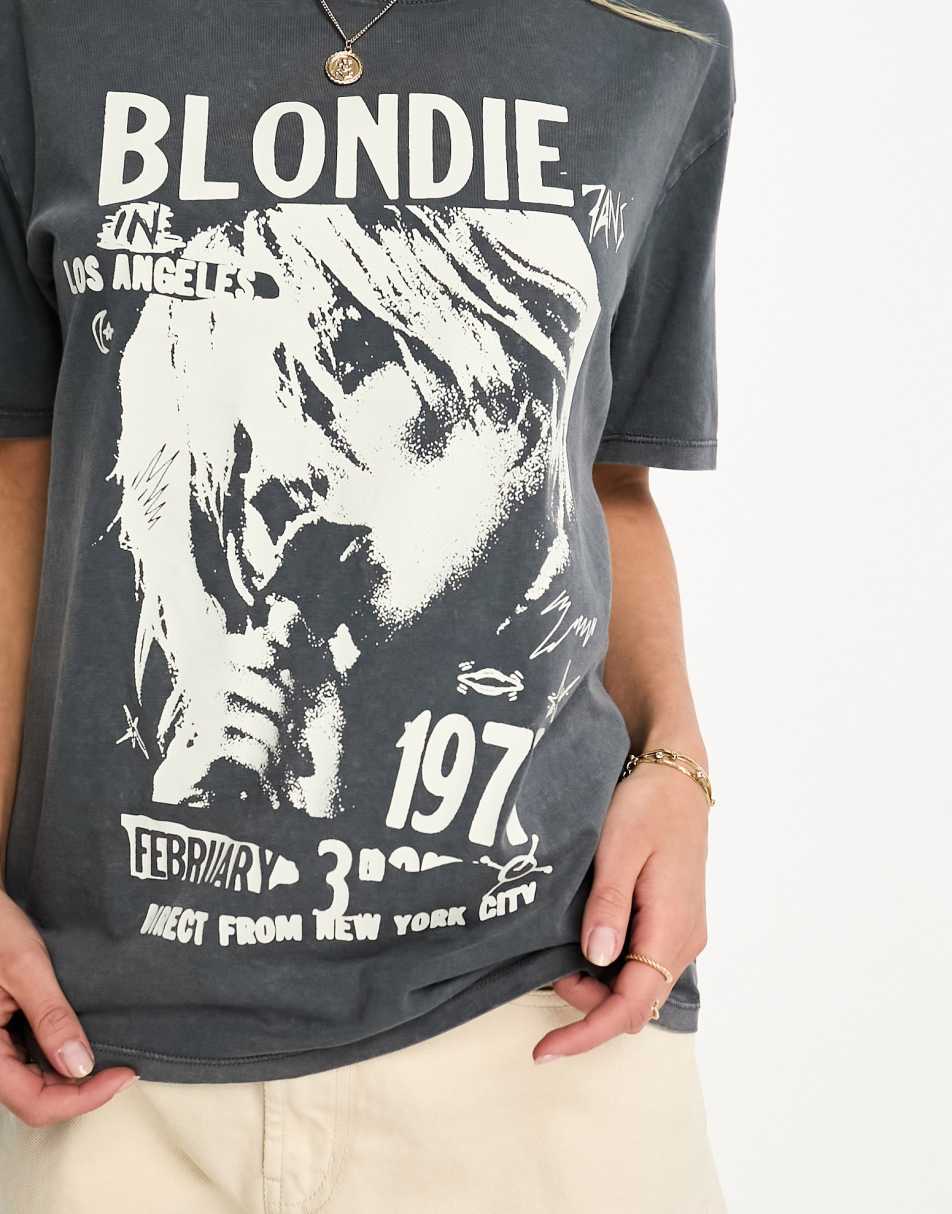 Stradivarius oversized blondie band tee in washed grey