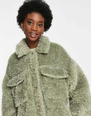 Stradivarius oversized borg jacket in green ASOS