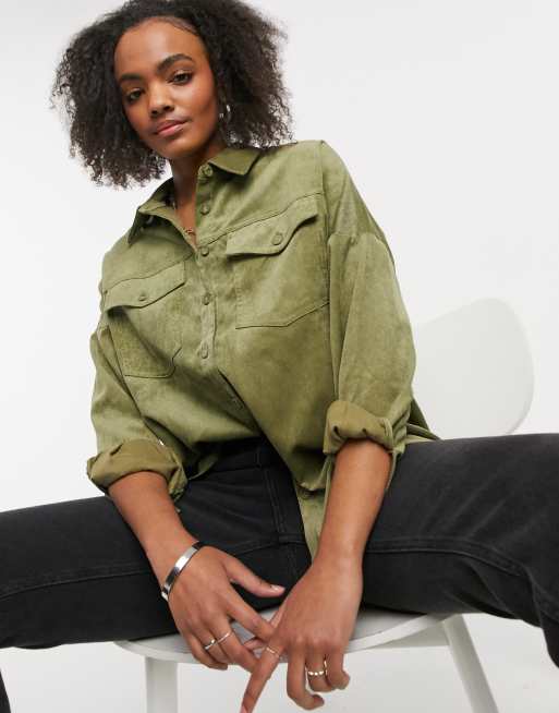 Stradivarius oversized boyfriend corduroy shirt in khaki