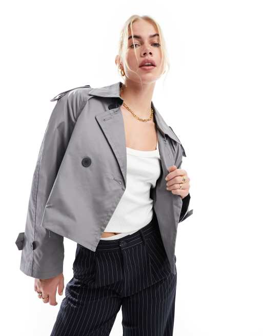 Stradivarius oversized cropped trench coat in slate gray