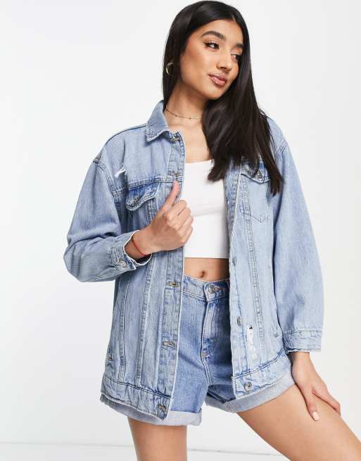 Stradivarius oversized denim jacket in medium blue