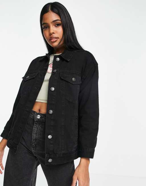 Stradivarius oversized denim jacket in washed black | ASOS