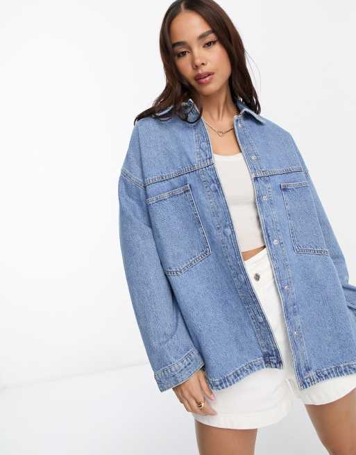 Stradivarius oversized denim overshirt in light blue | ASOS