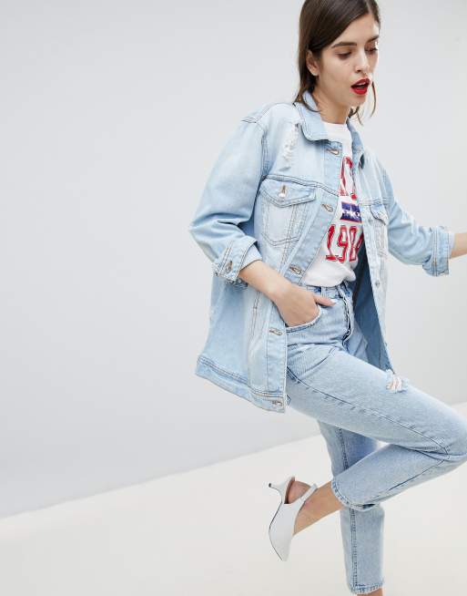 Stradivarius - Oversized denimjakke med flænger