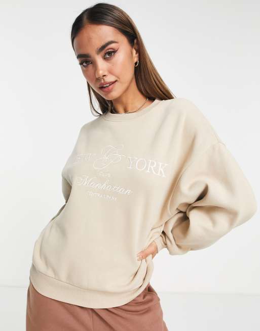 Stradivarius oversized embroidered sweatshirt in beige