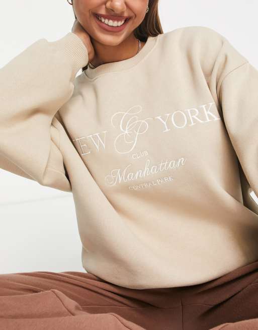 Stradivarius oversized embroidered sweatshirt in beige