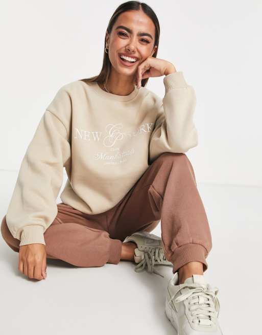 Stradivarius oversized embroidered sweatshirt in beige