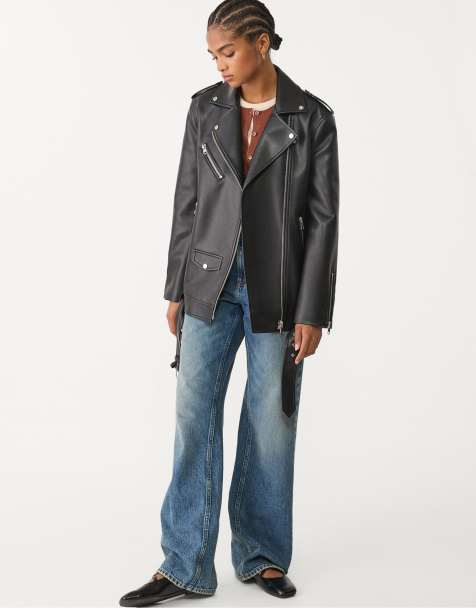Stradivarius oversized faux leather biker jacket in black - view 1