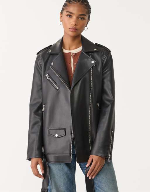 Stradivarius oversized faux leather biker jacket in black ASOS