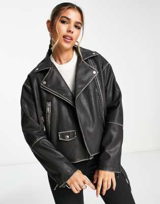 Stradivarius oversized faux leather biker jacket in washed black | ASOS