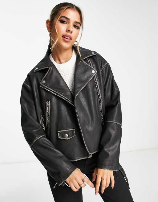 Stradivarius oversized faux leather biker jacket in washed black