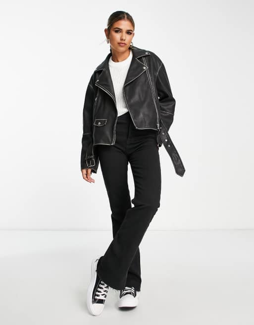 Stradivarius oversized faux leather biker jacket in washed black