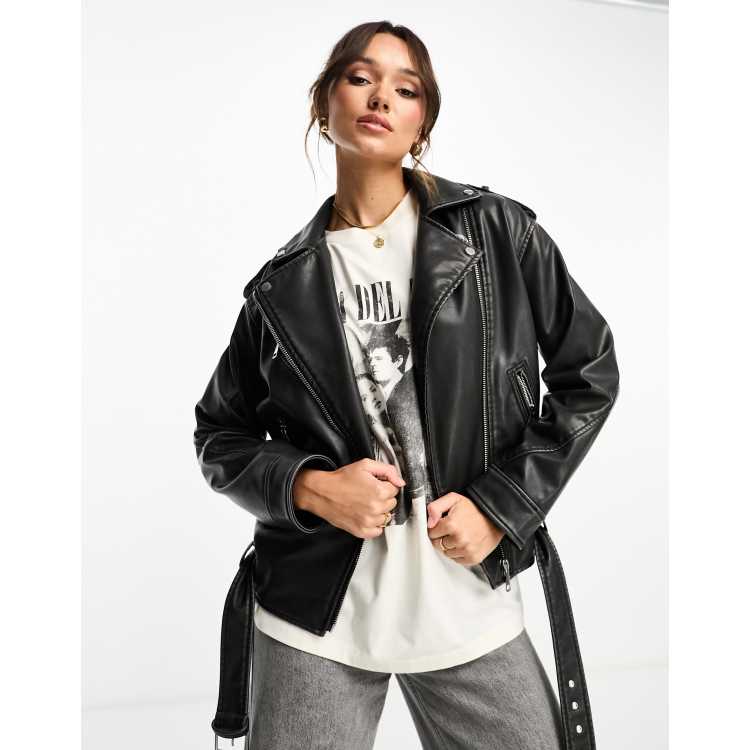 Black Oversized Belted Hem Cropped Biker Jacket