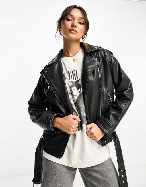 Stradivarius oversized faux leather biker jacket in washed black