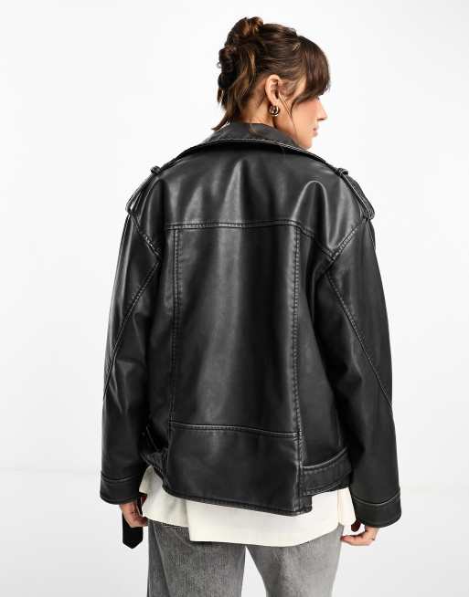 Stradivarius oversized faux leather biker jacket in washed black