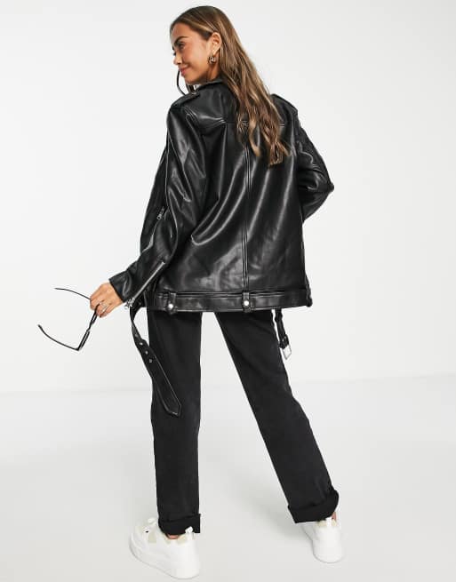 Stradivarius oversized faux leather jacket in black