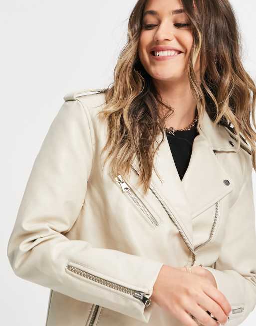 Stradivarius Oversized Faux Leather Jacket In Ecru-white