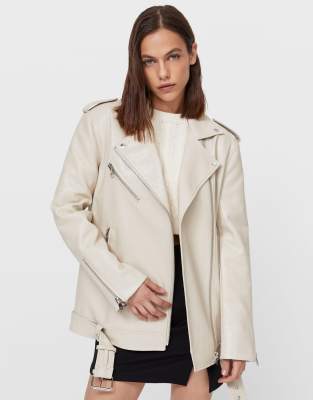 Stradivarius faux leather belted jacket in white