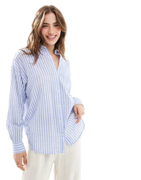 Stradivarius - Oversized gestreept overhemd in blauw - view 1