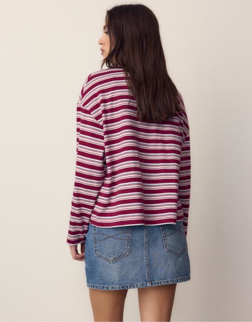 Stradivarius - Oversized gestreept T-shirt met lange mouwen in bordeauxrood, 3 van 4