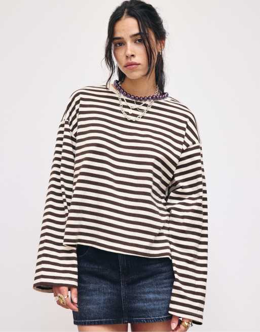 Stradivarius oversized gestreept T-shirt met lange mouwen in ecru, 2 van 6