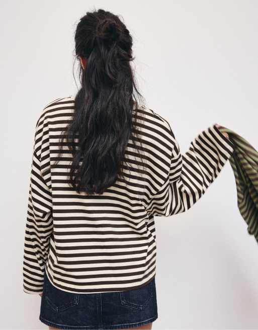 Stradivarius oversized gestreept T-shirt met lange mouwen in ecru, 3 van 6