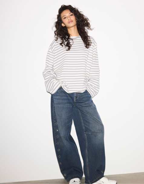 Stradivarius - Oversized gestreept T-shirt met lange mouwen in gemêleerd grijs - view 1