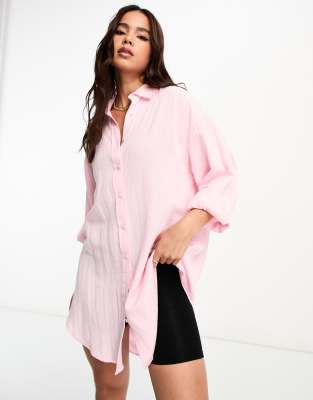 Stradivarius - Oversized-Hemd aus Leinen in Rosa