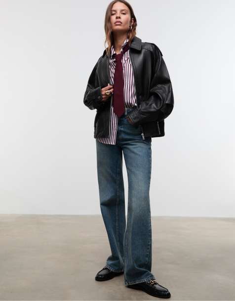 Stradivarius - Oversized jack van 100% leer in zwart - view 1