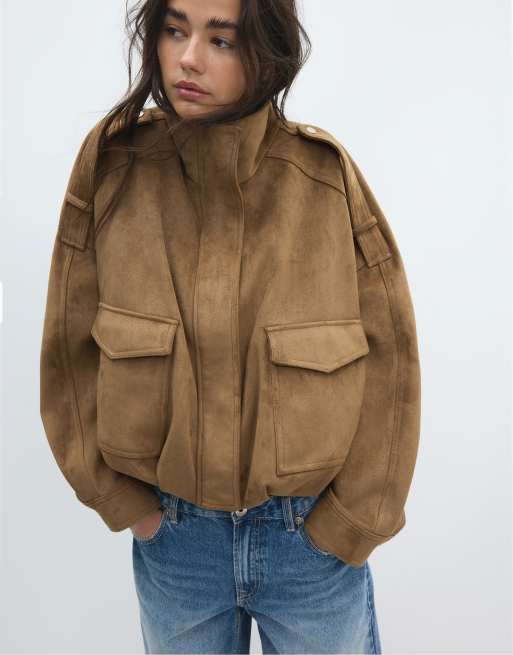 Stradivarius oversized jakke i imiteret ruskind i beige, 2 af 7
