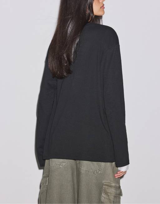 Stradivarius oversized langærmet T-shirt i sort, 3 af 7