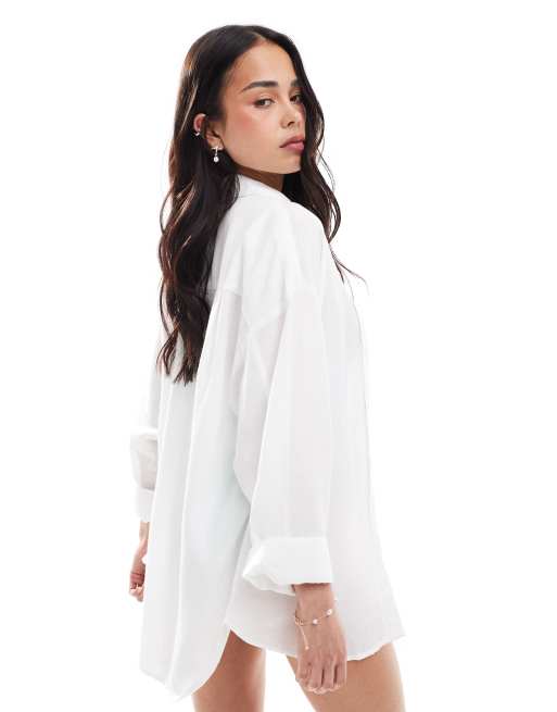Stradivarius oversized linen blend long sleeve shirt in white