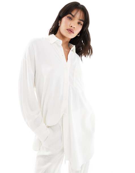 Stradivarius oversized linen look shirt in white - view 1