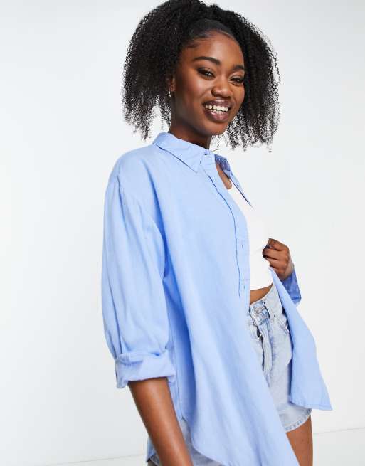 Stradivarius oversized linen shirt in blue | ASOS