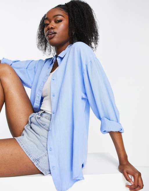 Stradivarius oversized linen shirt in blue | ASOS