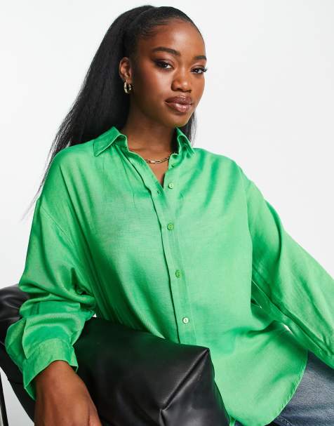 Stradivarius oversized linen shirt in green - view 1