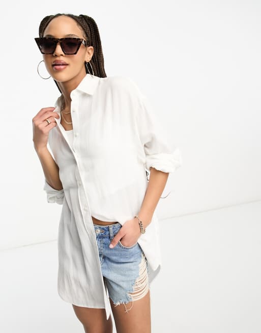 Stradivarius oversized linen shirt in white