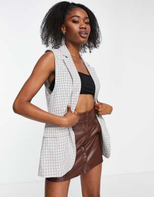 Stradivarius oversized linen waistcoat in blue check print